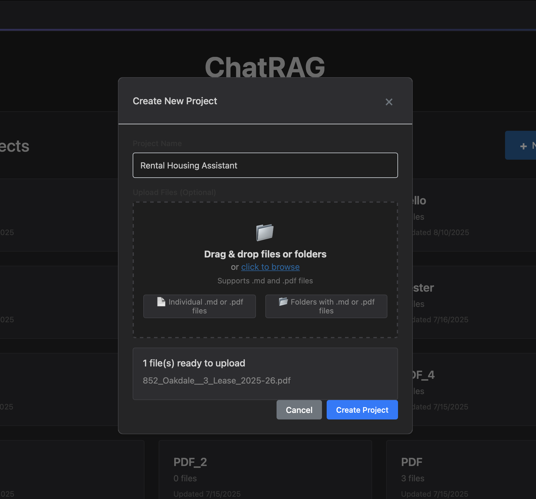 File upload interface for chatbot knowledge base
